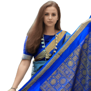 Odissi Silk Saree Blue Body and Golden Color Border Close-up | Odisha Handicrafts