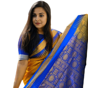 Odissi Silk Saree Blue and Orange Body and Golden Border | Odisha Handicrafts